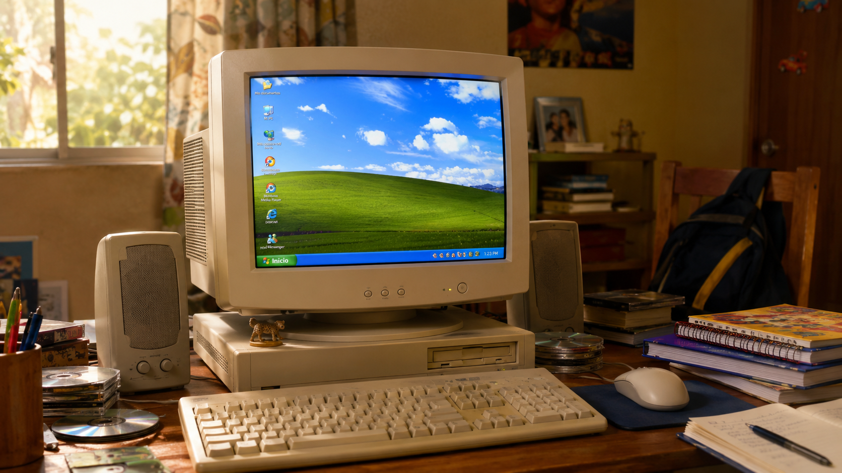 Computadora familiar con Windows XP y monitor CRT durante los años 2000
