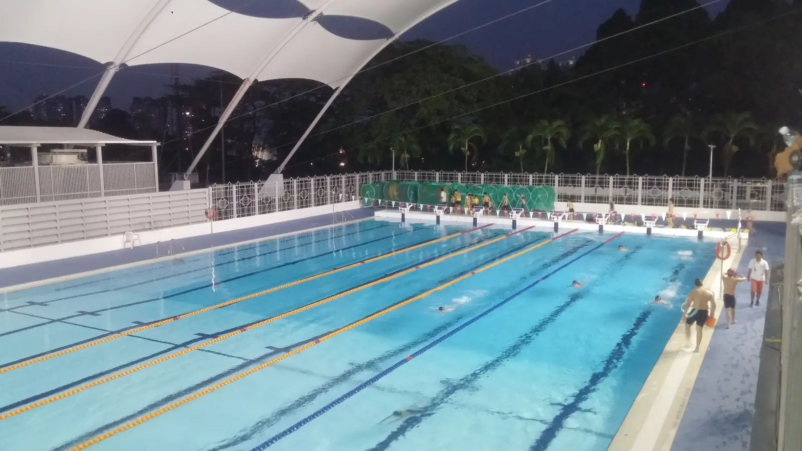 Piscina pública iluminada durante la noche con nadadores en los carriles