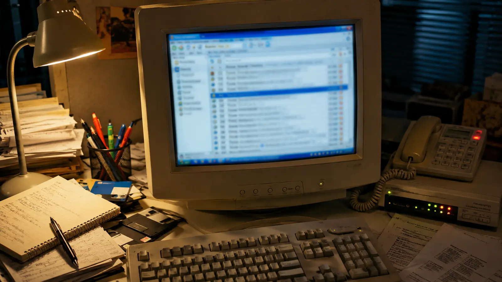Bandeja de correo llena de mensajes, cadenas y spam en una computadora familiar de los años 2000.