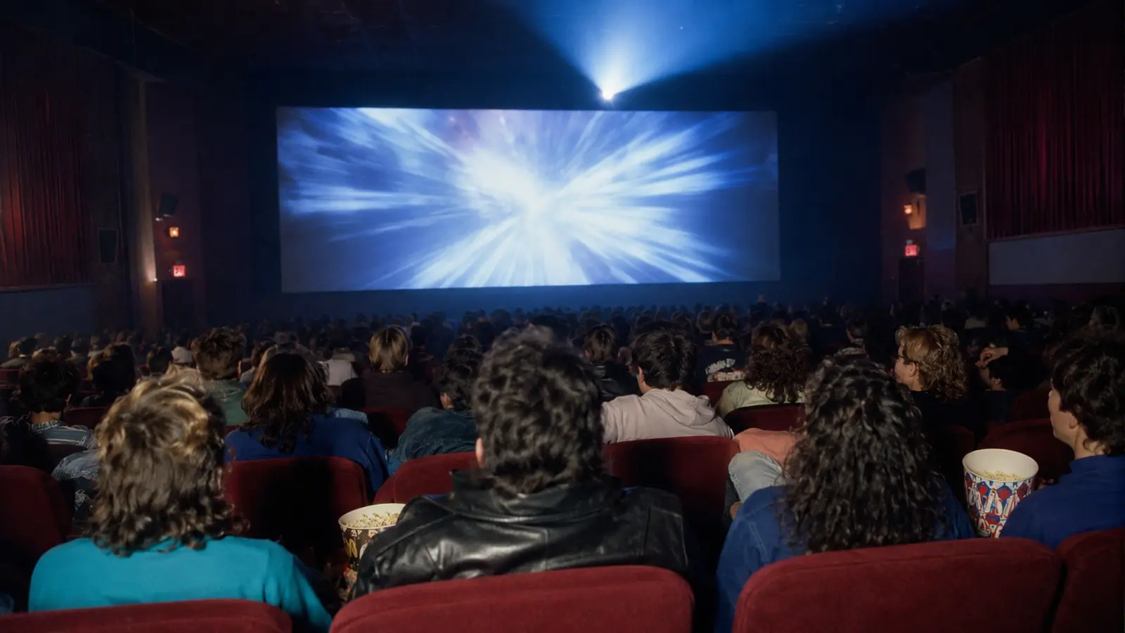 Público observa una de las mejores películas de acción de 1991 en una sala iluminada por el proyector.