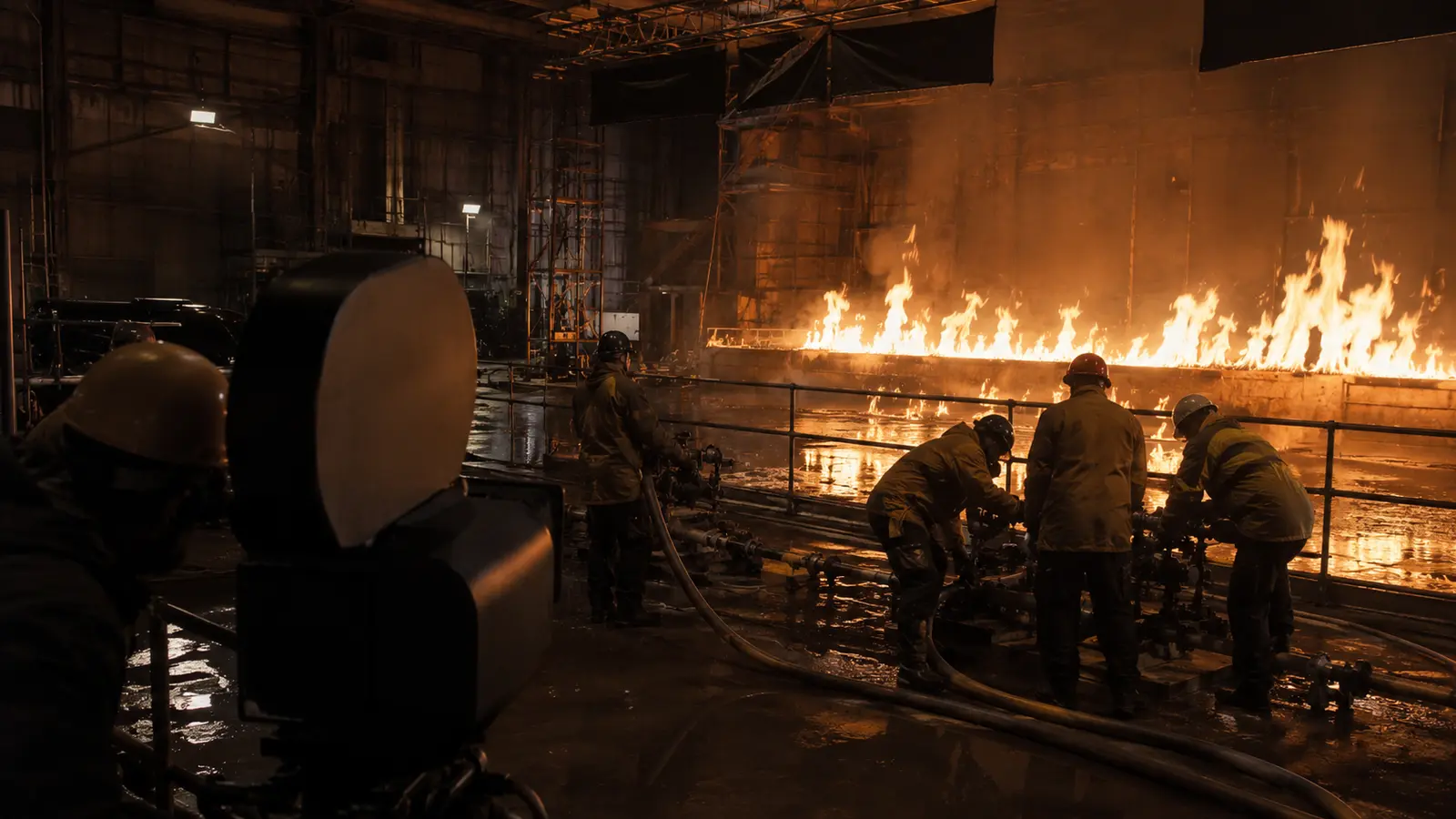 Equipo de efectos prácticos prepara una línea de fuego controlada en un plató industrial.