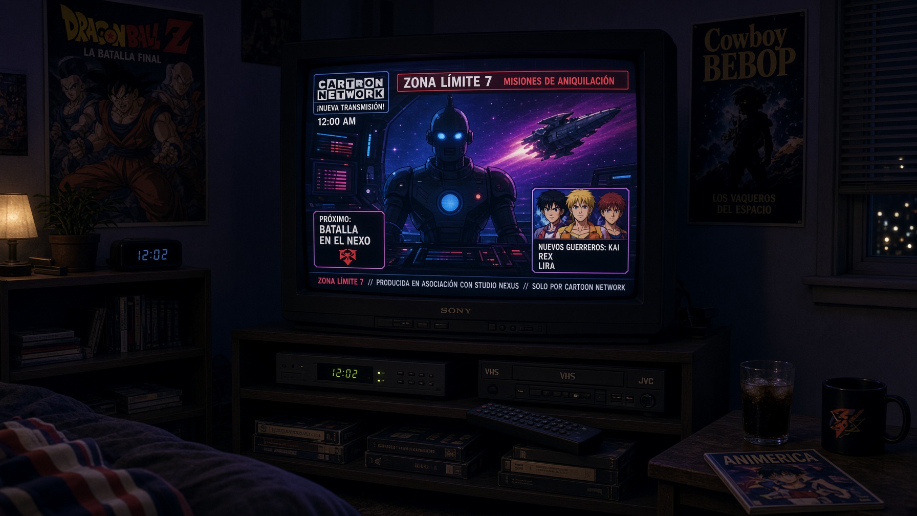 Adolescente viendo un bloque nocturno de animación de acción en una televisión CRT durante los