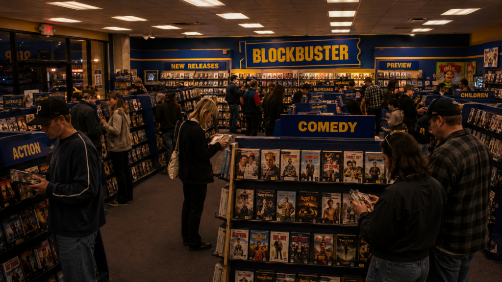 Interior de una tienda Blockbuster llena de clientes durante los años 90
