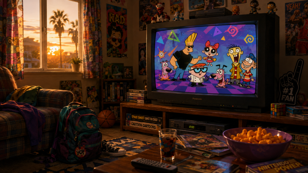 Televisión CRT con caricaturas en una sala familiar durante los primeros años de Cartoon Network