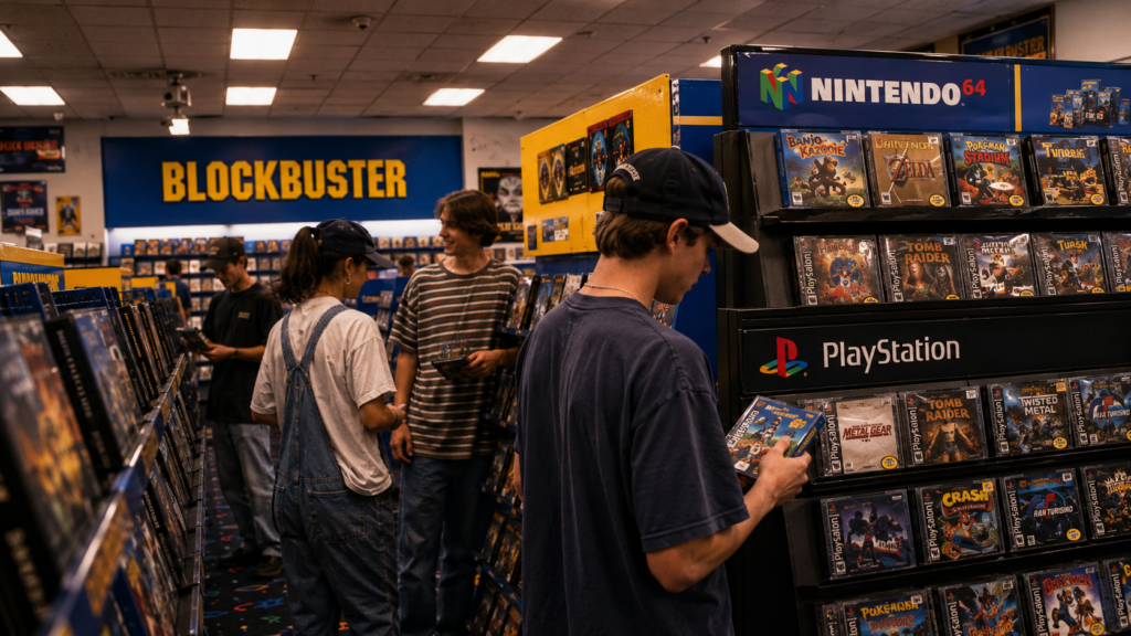 Sección de videojuegos de Blockbuster con Nintendo 64 y PlayStation0
