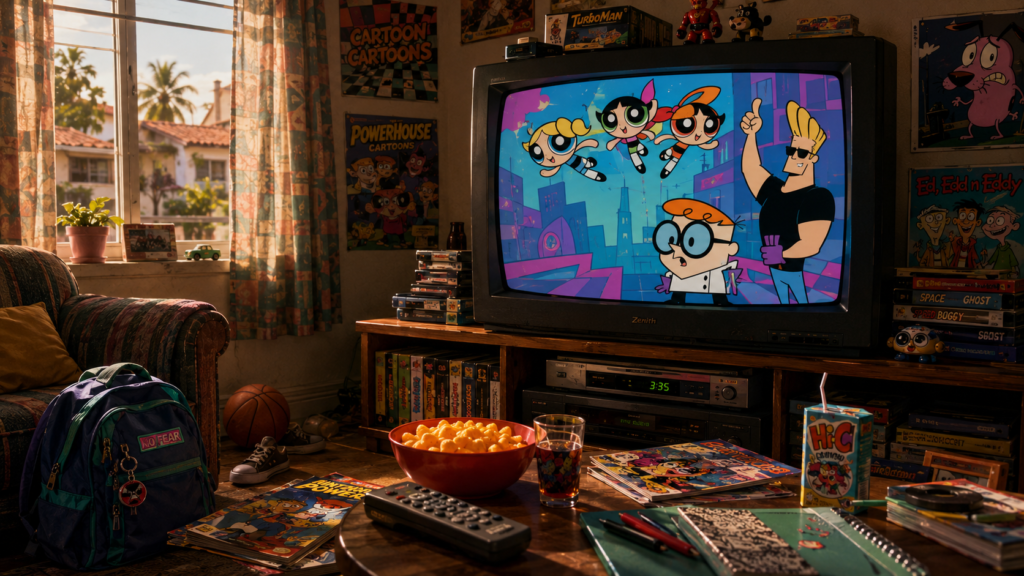 Televisión CRT con estética colorida inspirada en la era Powerhouse de Cartoon Network