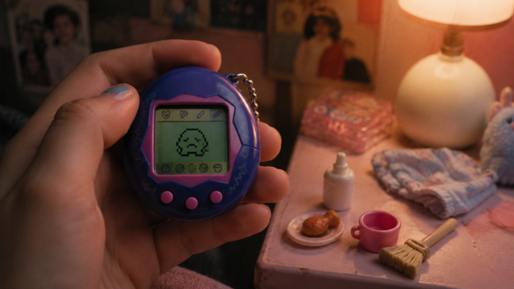 Mascota virtual de los años 90 mostrando una criatura digital que necesita cuidados