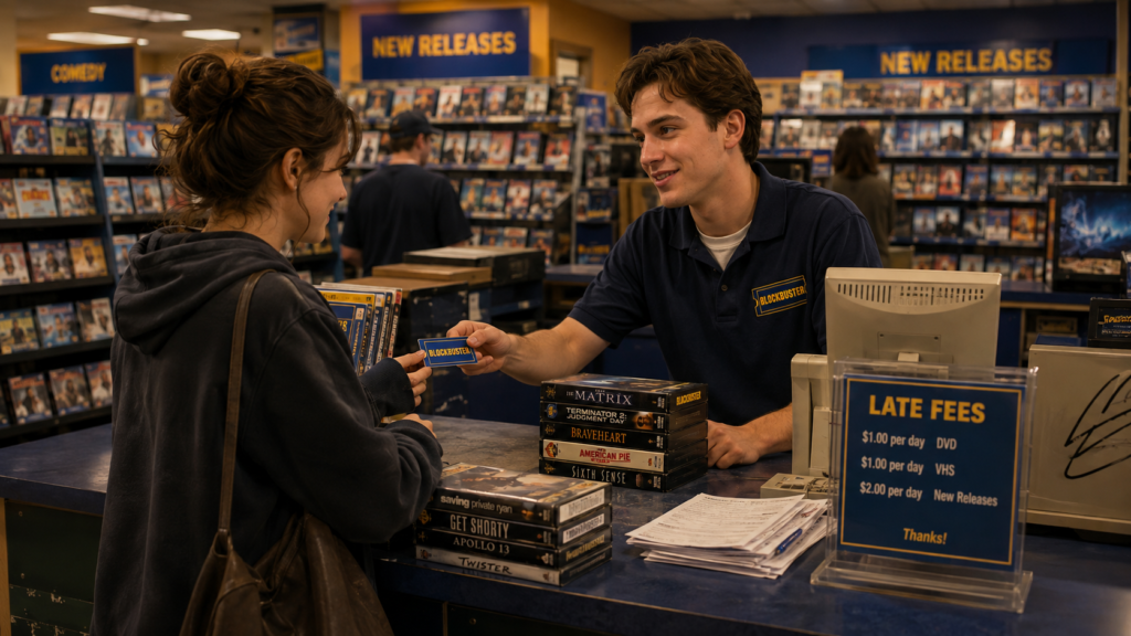 Cliente en el mostrador de Blockbuster durante la época de las multas por