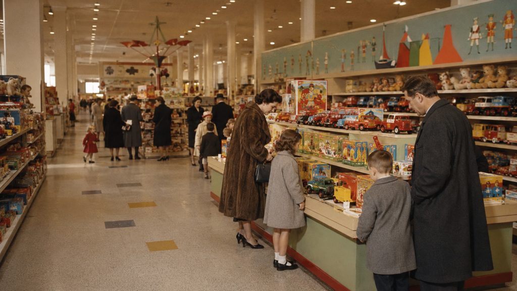 Familia comprando juguetes en una gran juguetería estadounidense durante los primeros años del comercio de juguetes