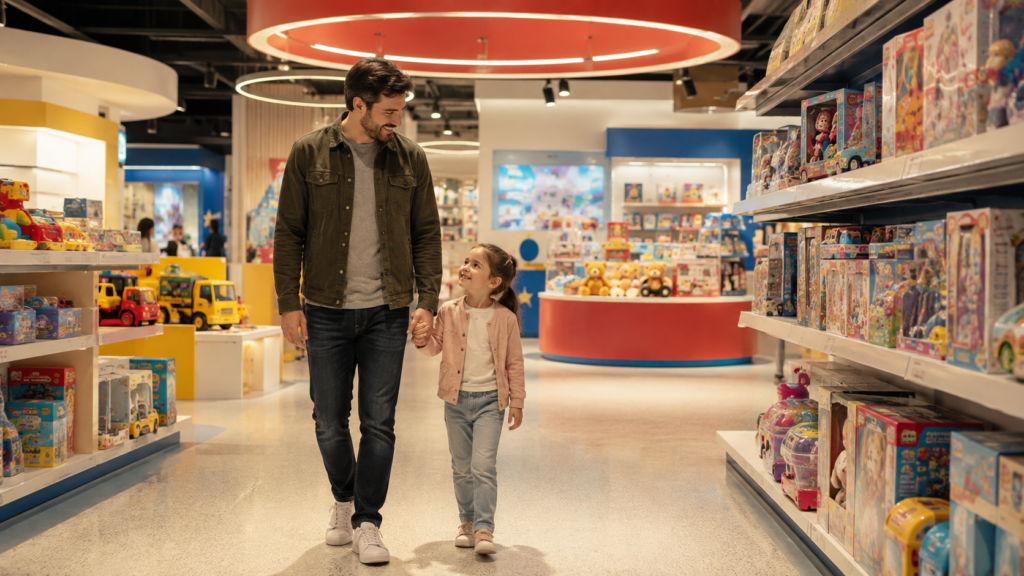 Padre e hija visitando una moderna juguetería durante el regreso de Toys R Us