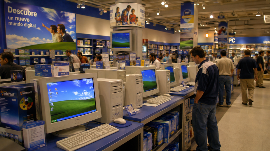 Tienda de computadoras mostrando equipos nuevos con Windows XP en 2001