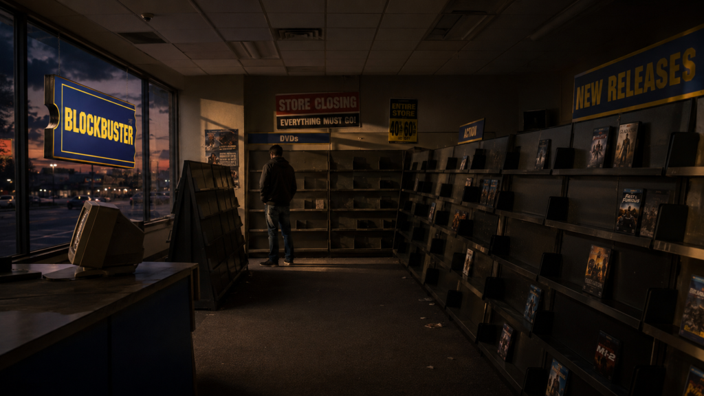 Tienda Blockbuster cerrando con estantes vacíos