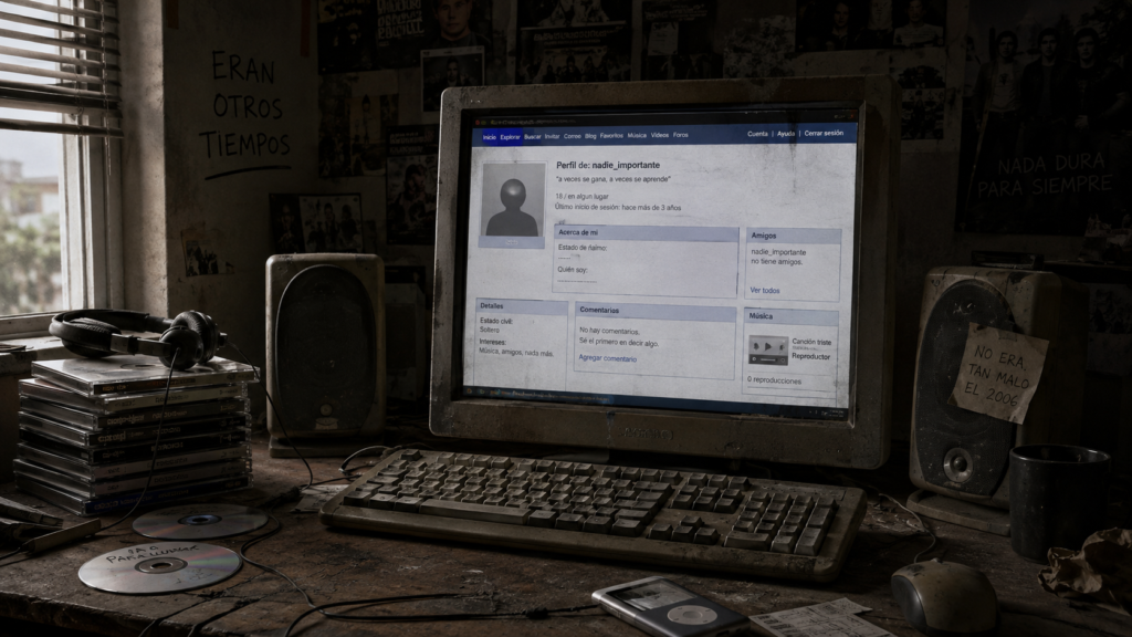 Antigua computadora mostrando un perfil de red social abandonado tras la caída de MySpace