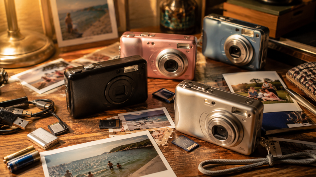 Cámaras digitales compactas de los años 2000 junto a tarjetas de memoria y fotografías impresas