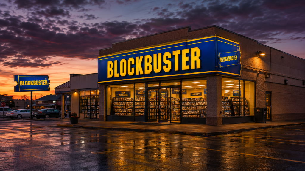 Última tienda Blockbuster al atardecer