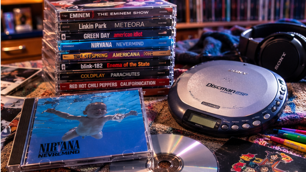 Colección de CDs y reproductor Discman durante la era de la música física de los años 2000