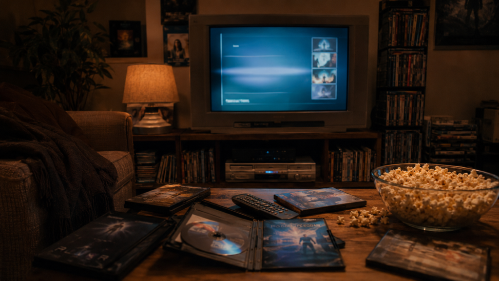 Sala de los años 2000 con reproductor de DVD, películas y menú en la televisión