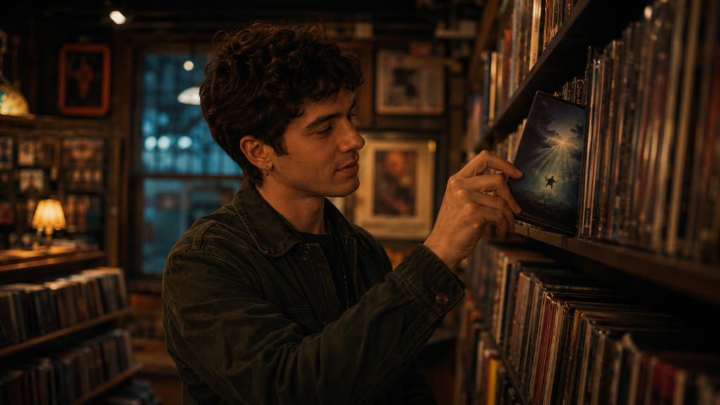 Joven escogiendo una película entre estantes llenos de DVDs en un videoclub