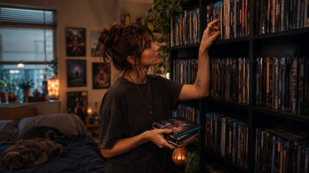 Joven organizando una colección moderna de DVDs y Blu-rays en casa