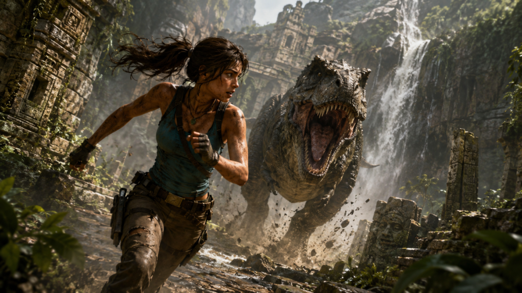 Lara Croft huyendo de un T-Rex en unas ruinas selváticas inspiradas en Tomb Raider