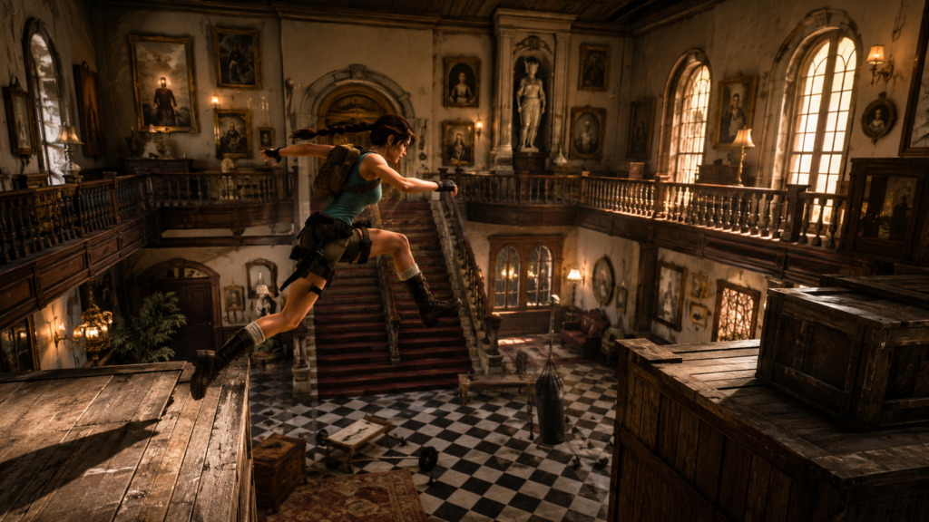 Lara Croft practicando saltos dentro de una mansión inspirada en Croft Manor