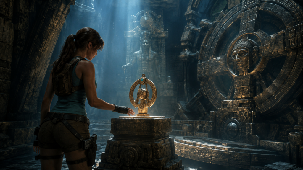 Lara Croft resolviendo un antiguo rompecabezas dentro de una tumba inspirada en Tomb Raider