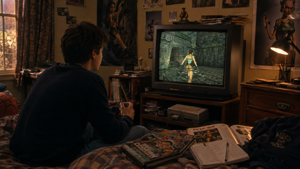 Adolescente jugando Tomb Raider en una televisión CRT y una consola de los años 90