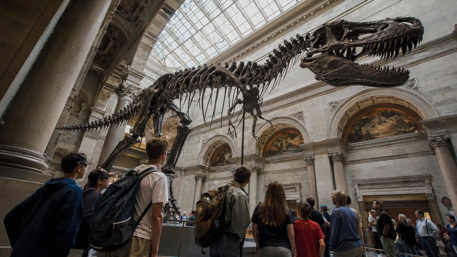 Visitantes observan un gran esqueleto de dinosaurio en el salón de un museo.