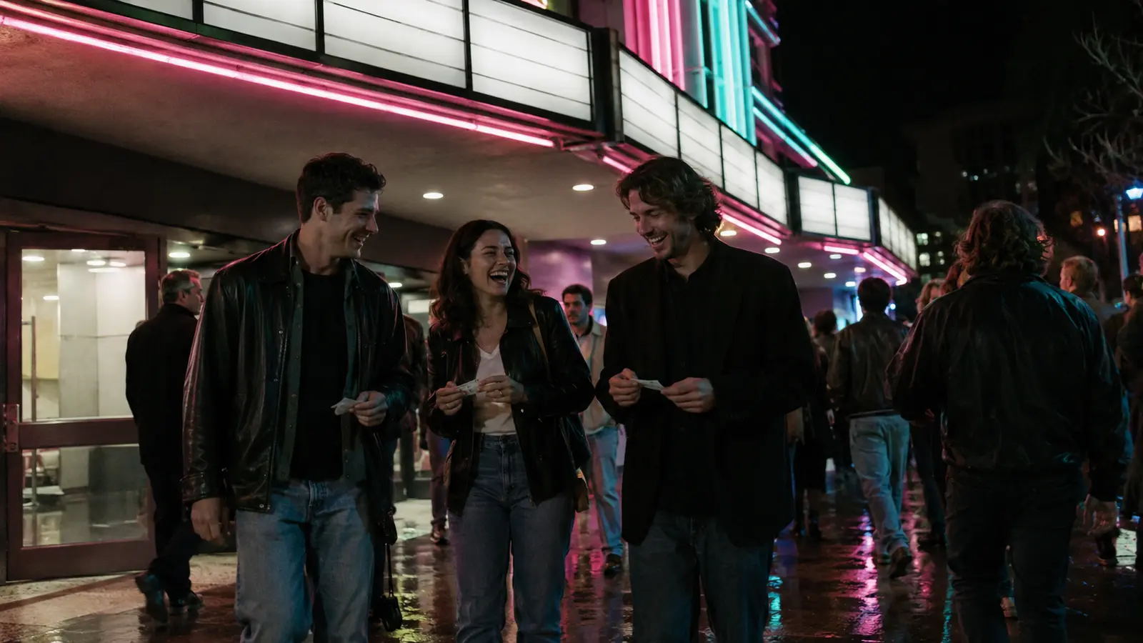Tres amigos salen riendo de un cine nocturno con entradas de papel en las manos.