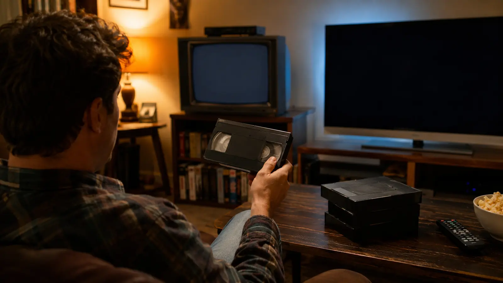 Aficionado sostiene una cinta VHS entre un televisor CRT y una pantalla moderna.