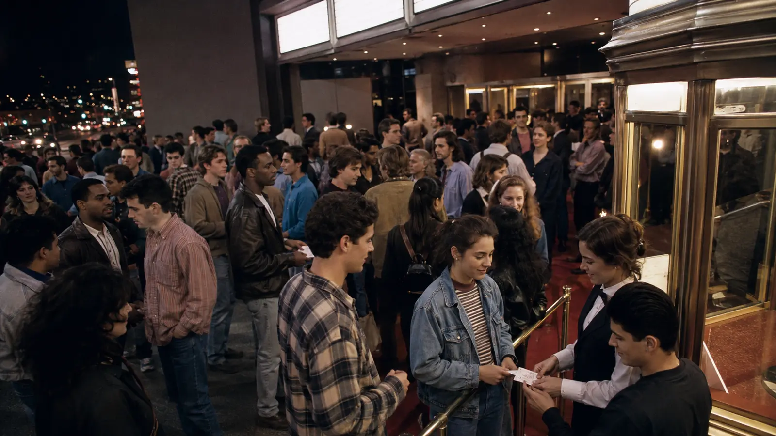 Público hace fila para entrar a un cine durante una concurrida noche de estreno en 1997.