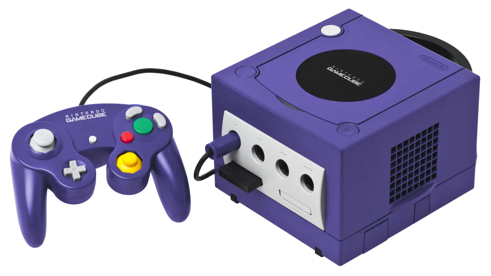 Consola Nintendo GameCube morada con mando sobre fondo blanco