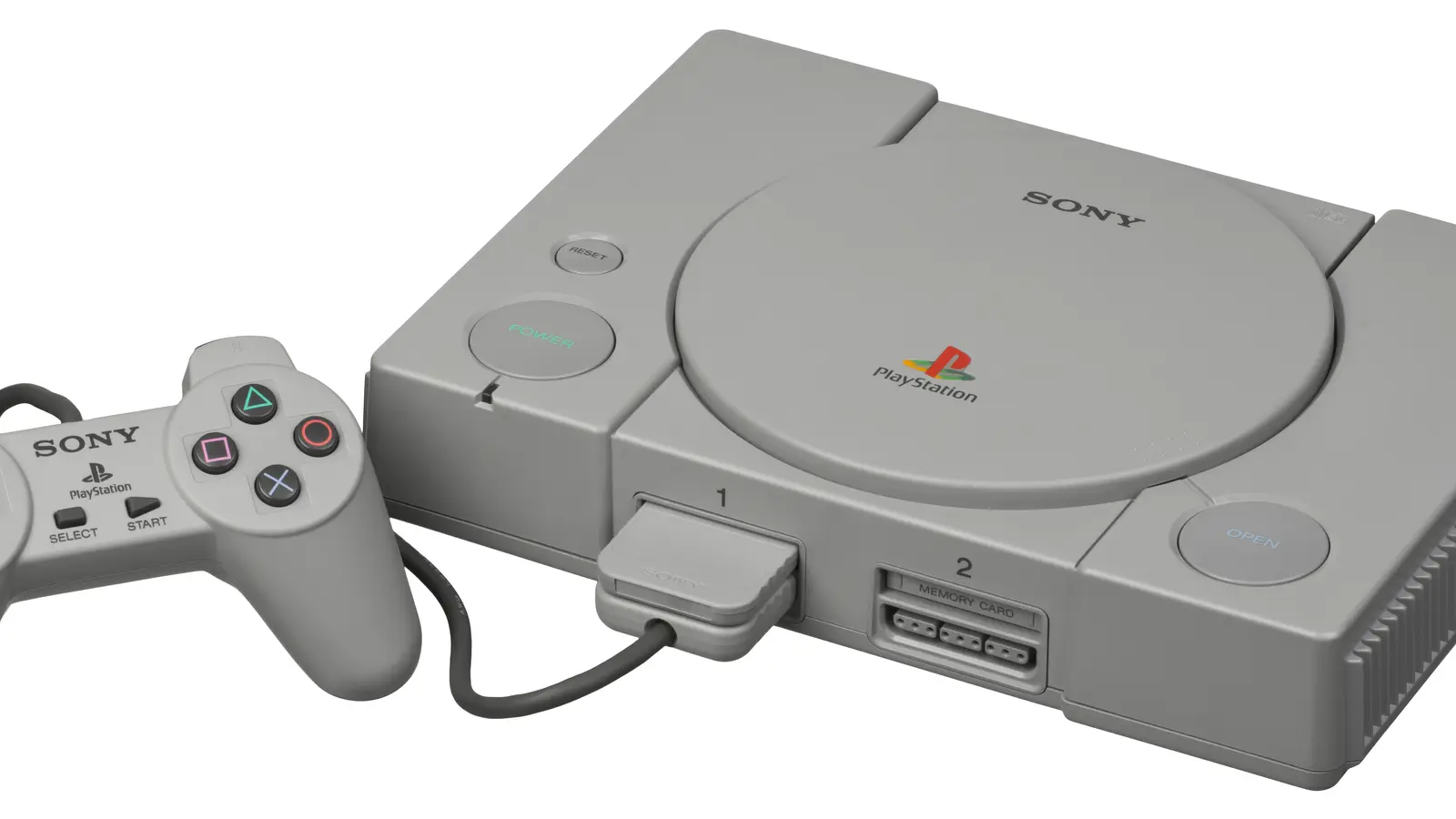Consola PlayStation original con mando, plataforma de Resident Evil 30 años atrás