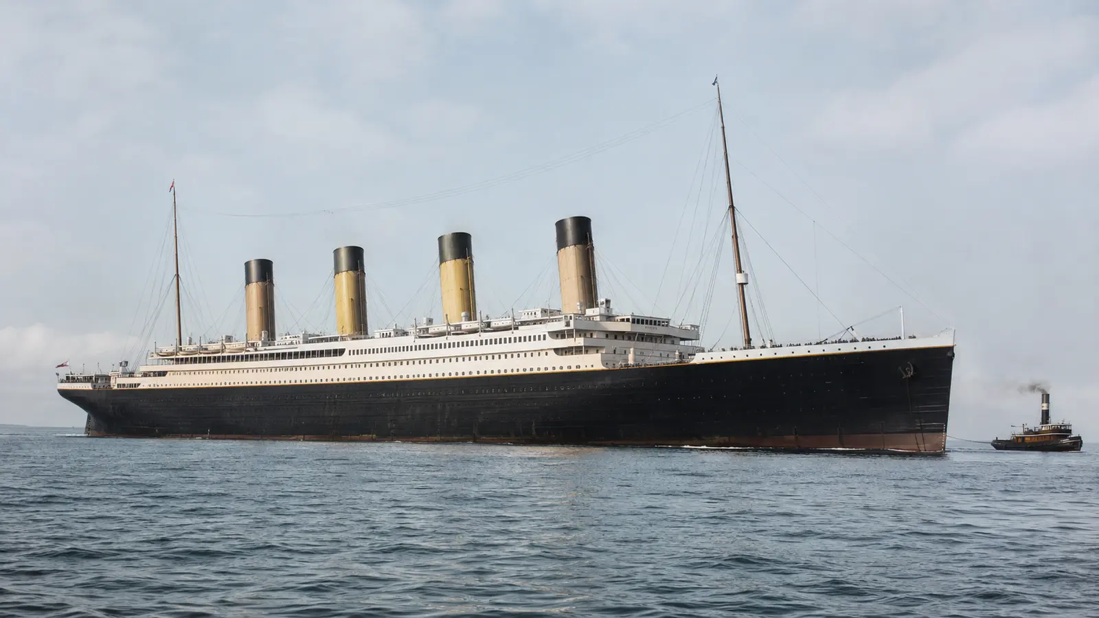 Recreación editorial del RMS Titanic navegando de día junto a un pequeño remolcador.