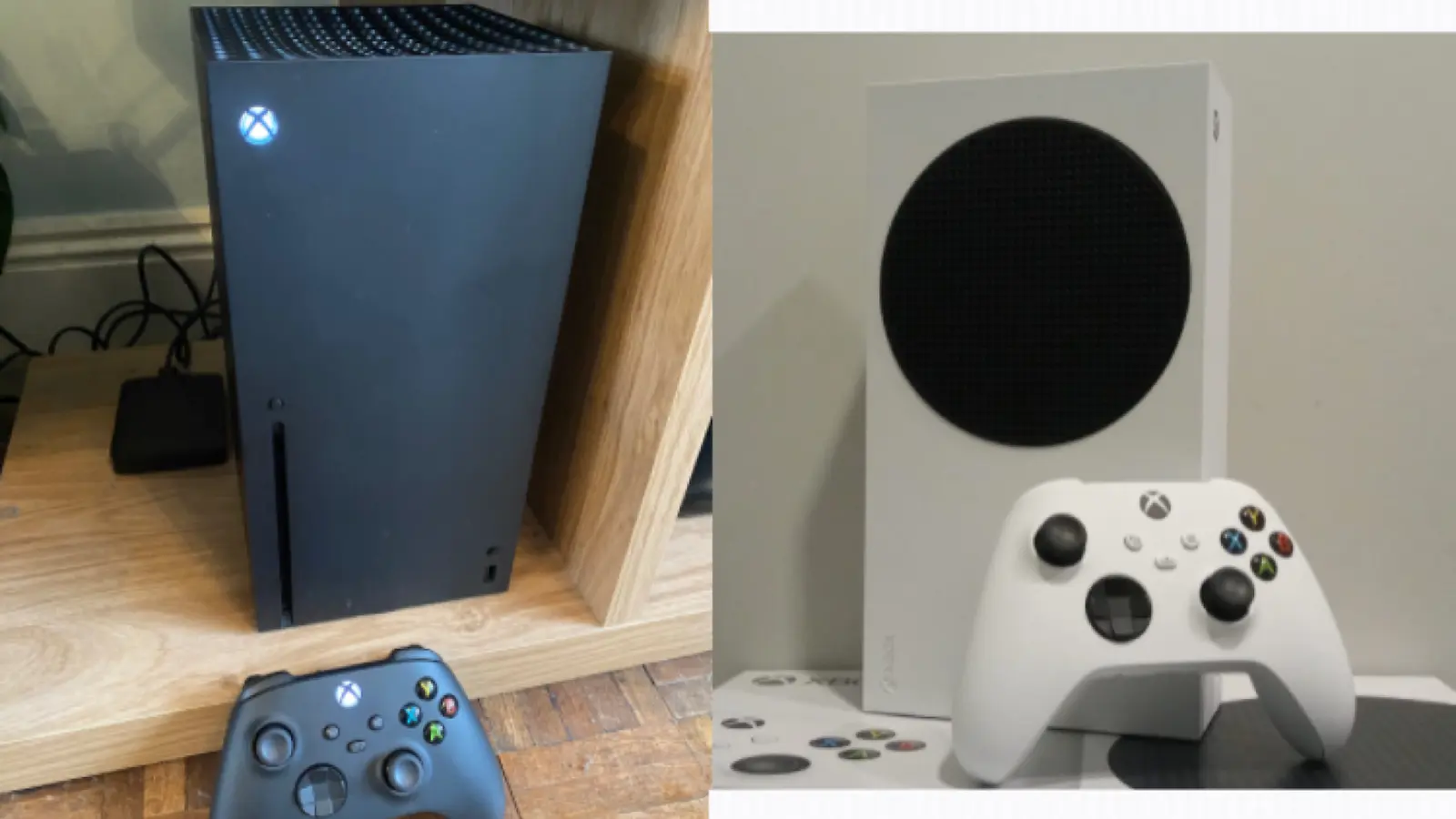 Consolas Xbox Series X negra y Series S blanca acompañadas por sus controles